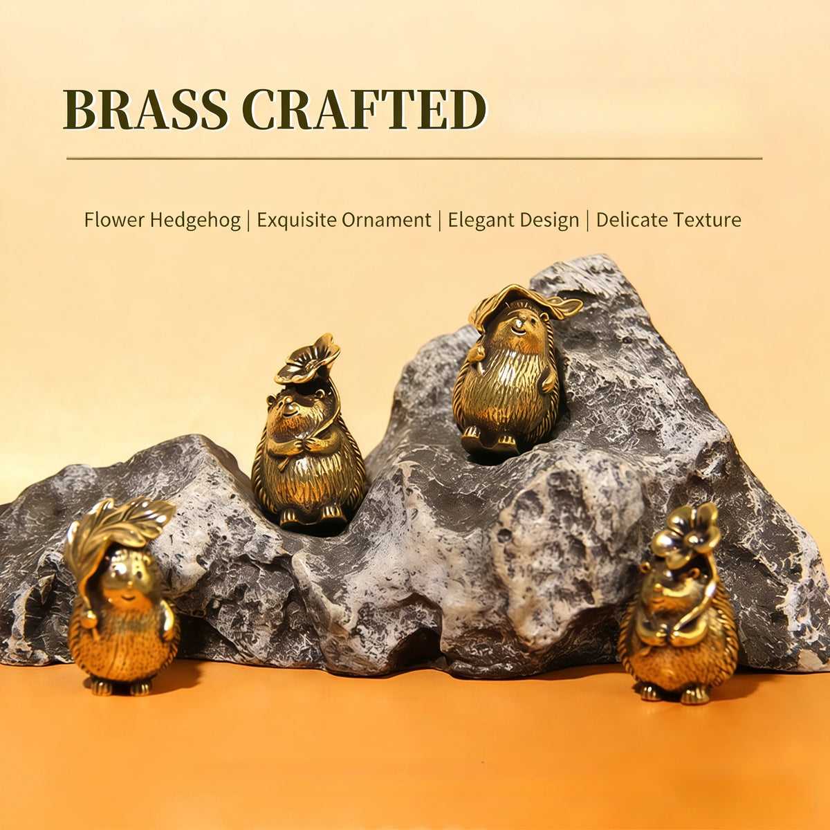 Brass crafted hedgehog statue resting on a rock, used as an exquisite ornament for home decor.