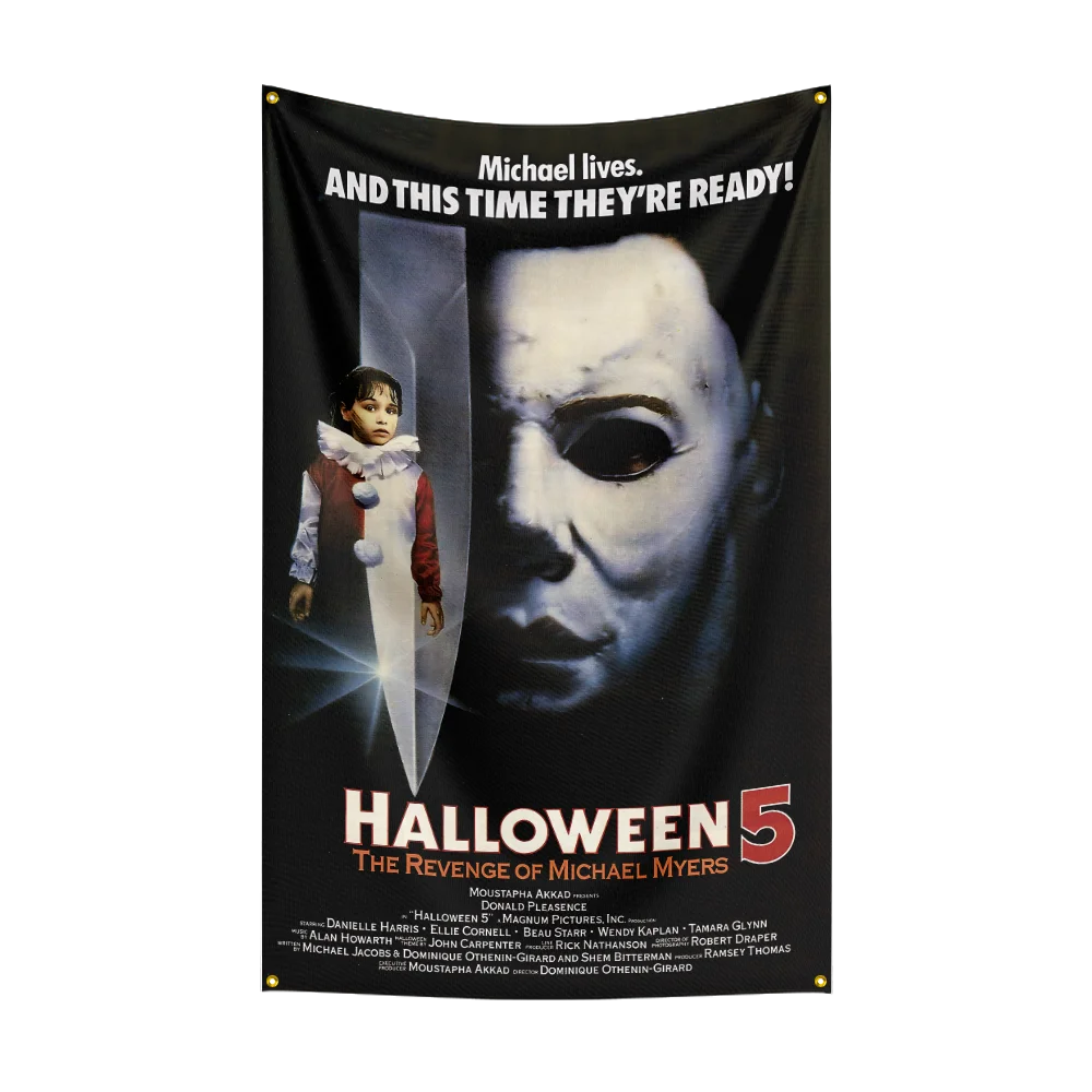 A black flag featuring a menacing close-up of Michael Myers and a child, promoting Halloween 5: The Revenge of Michael Myers.