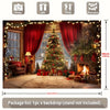 A festive Christmas tree decorated with lights stands in front of a stone fireplace backdrop with red curtains and greenery.