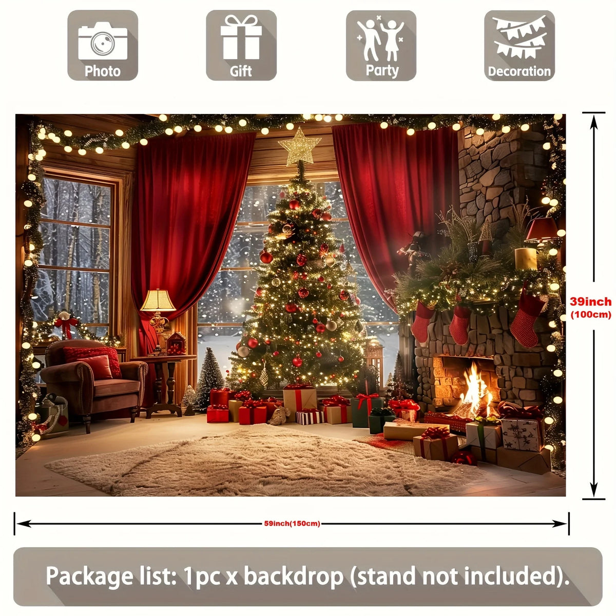 A festive Christmas tree decorated with lights stands in front of a stone fireplace backdrop with red curtains and greenery.