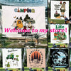 A collection of printed fabric flags and banners featuring camping, nature, and lifestyle themes.