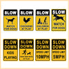 A set of yellow and black vintage metal tin signs with text related to dogs, chickens, and children at play.