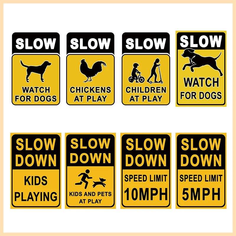 A set of yellow and black vintage metal tin signs with text related to dogs, chickens, and children at play.