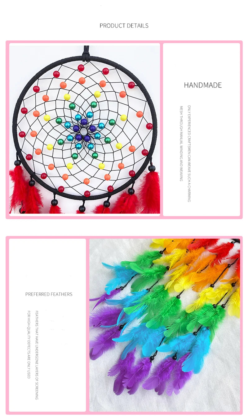 Handmade colorful feather dream catcher with pom-poms and tassels