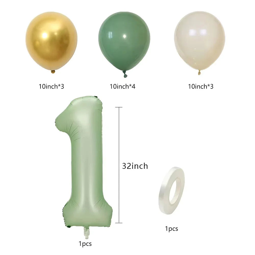 A set of olive green foil balloons shaped like the number one and various numbers, including a ring.