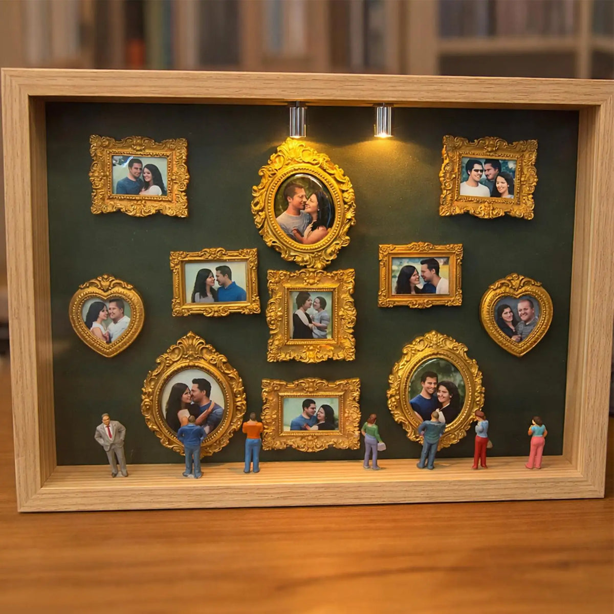 A wooden frame displaying a grid of gold-framed photos and figures, resembling an illuminated museum display.