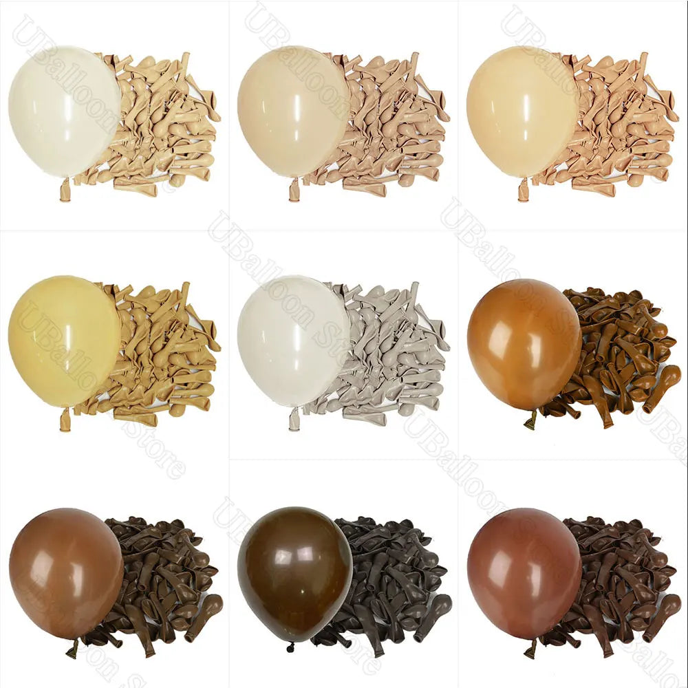 A collection of latex balloons in various neutral shades, including beige, cream, and brown, displayed next to dried natural 