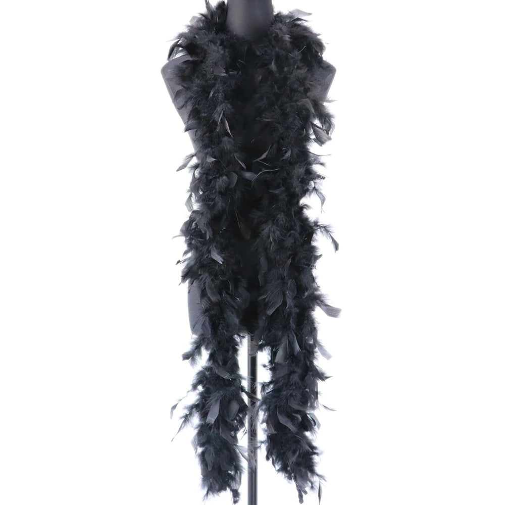 Black natural turkey feather boa displayed on a mannequin.
