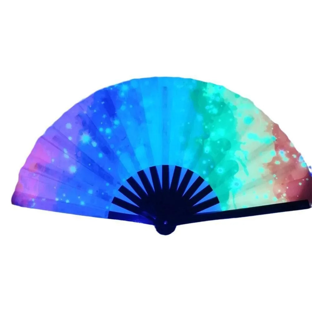 UV fluorescent handheld folding fan with a vibrant blue and green color gradient
