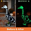 Before and after comparison of a black and white skeleton goose lawn decor transitioning to a glowing green version.