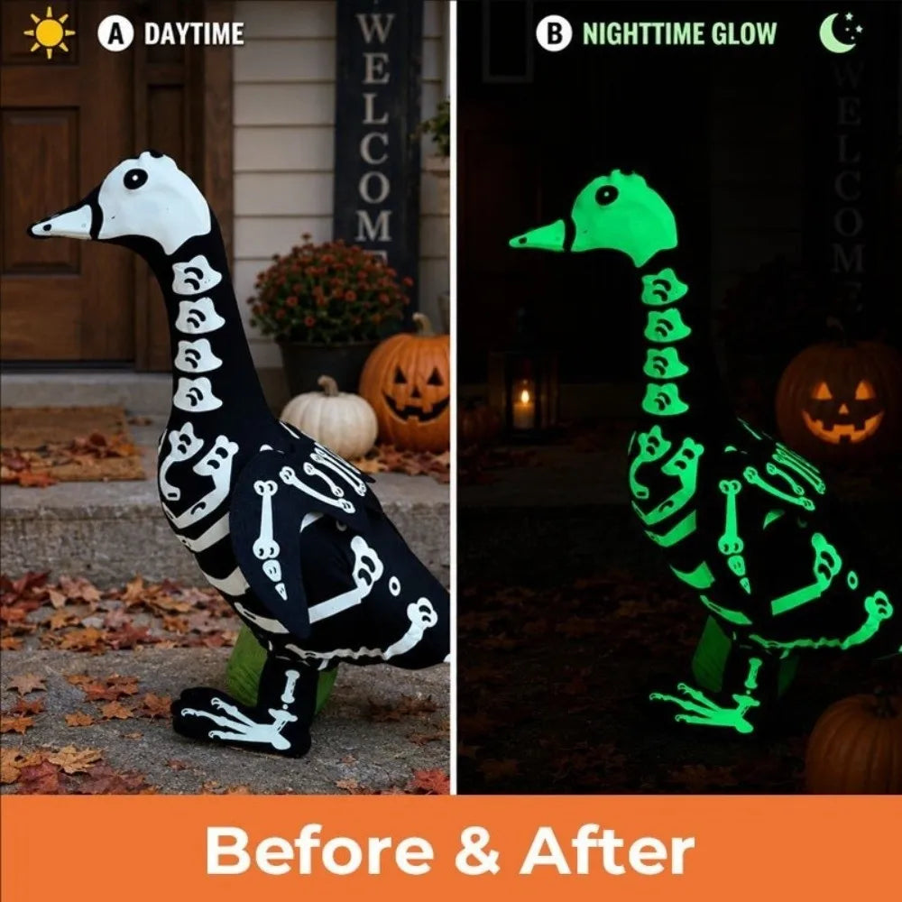 Before and after comparison of a black and white skeleton goose lawn decor transitioning to a glowing green version.