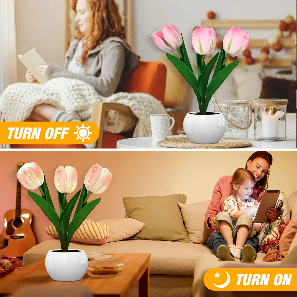 A pink tulip night light with a ceramic pot is shown on a wooden table.