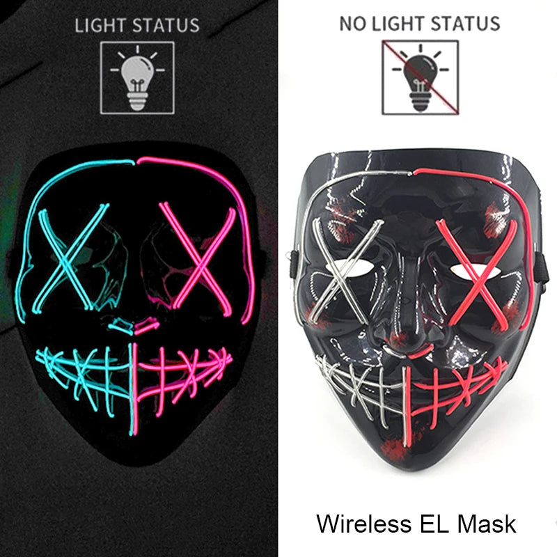 A black EL mask with neon wire details, shown in both light status and no light status.