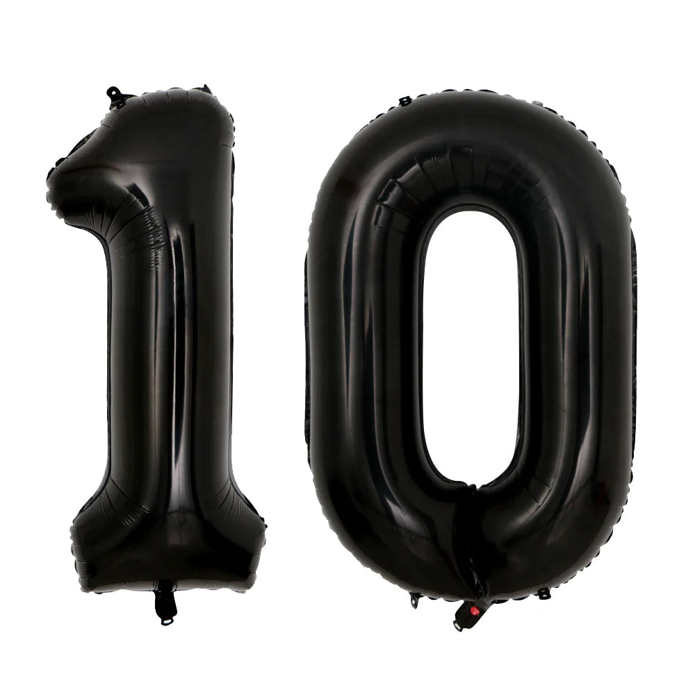 A set of two giant black foil balloons shaped like the number 10