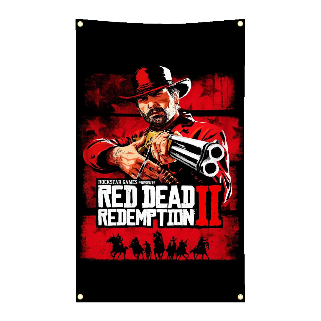 A poster featuring a man in a hat and coat aiming a gun, with the text Red Dead Redemption II.