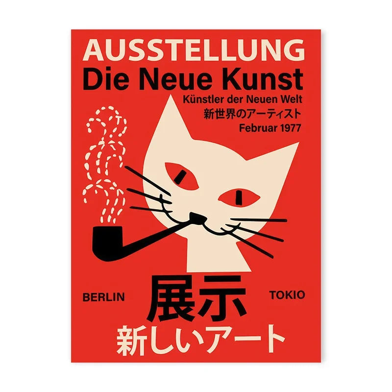 Poster for an exhibition titled Die Neue Kunst featuring a stylized cat illustration on a red background.