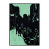 A vertical illustration in shades of green and black depicting a street scene with figures and architecture.