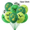 Twelve green and lime yellow balloons featuring dinosaur silhouettes for a party decoration set.