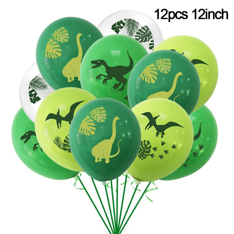 Twelve green and lime yellow balloons featuring dinosaur silhouettes for a party decoration set.