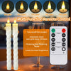 A set of six flameless LED taper candles and a remote control for automatic timer, flicker mode, brightness adjustment, and o