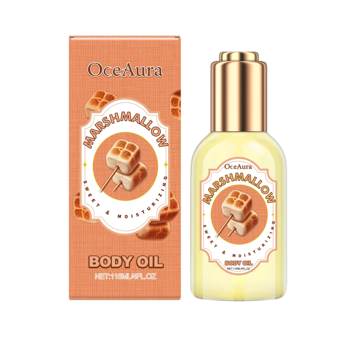 A bottle of Oceaura Marshmallow Body Oil with a gold cap and an orange packaging box.