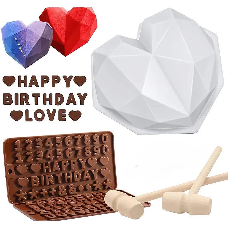 A heart-shaped silicone chocolate mold set featuring letters, numbers, and a wooden tool for stamping.