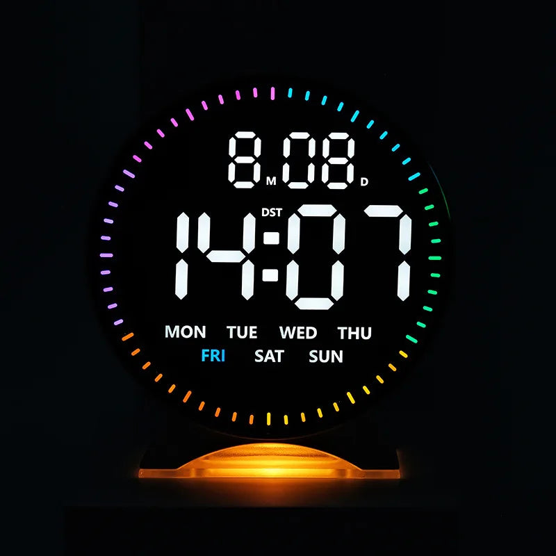 An LED ambient light alarm clock displaying the time 14:07 with a jumping seconds display and colorful LED accents.