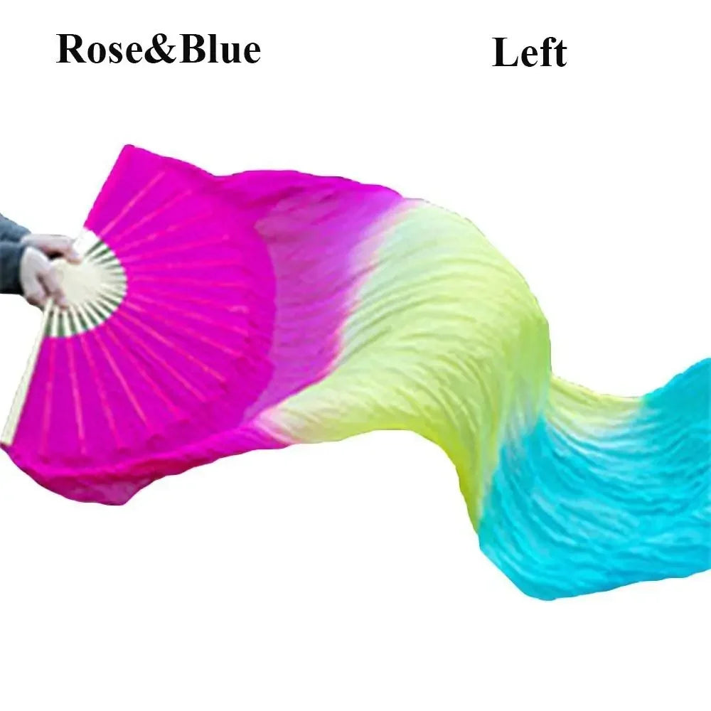 A pink and blue gradient silk ribbon dance fan is shown from the left side.