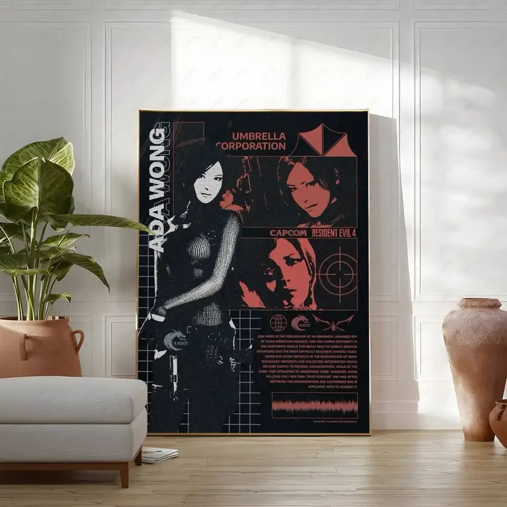 A framed poster featuring characters from Resident Evil games, including Ada Wong and Capcom logos.