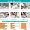 Instructions for using wood grain self-adhesive wall and floor decals, showing steps for installation.