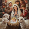 A painting depicting the Holy Family with shepherds and lambs in a warm, golden light.