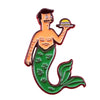 An enamel pin featuring a cartoon man holding a burger.