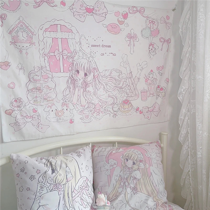 A pink and white kawaii cartoon tapestry wall hanging featuring sweet dreams and cute characters for bedroom decor