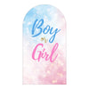 A light blue arched backdrop with the text Boy or Girl in pink and blue script on a soft bokeh background.