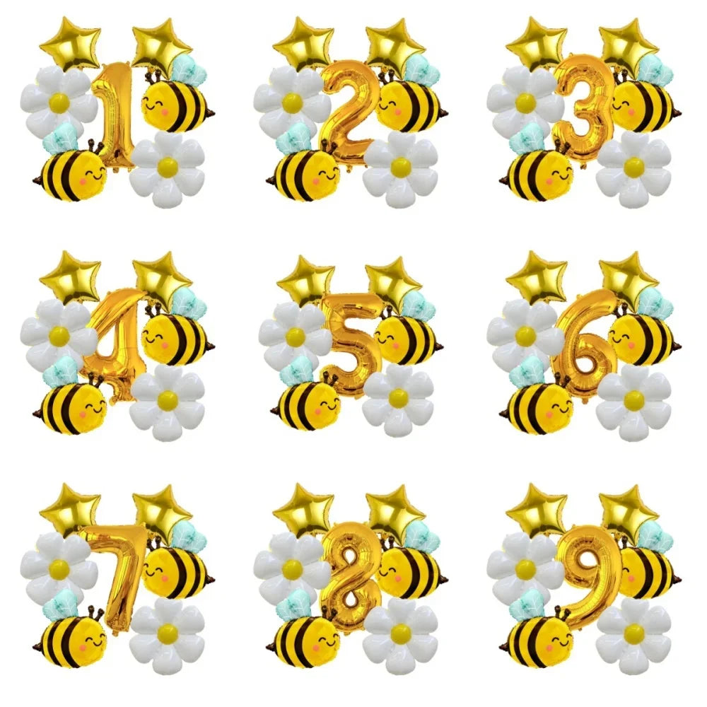 A set of nine numbered foil balloons in gold and white with daisy designs for parties