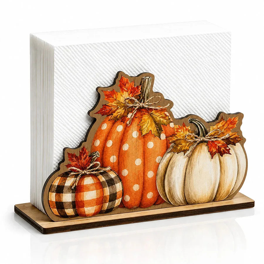 Wooden Autumn Napkin Holder with Pumpkin & Maple Leaf Design