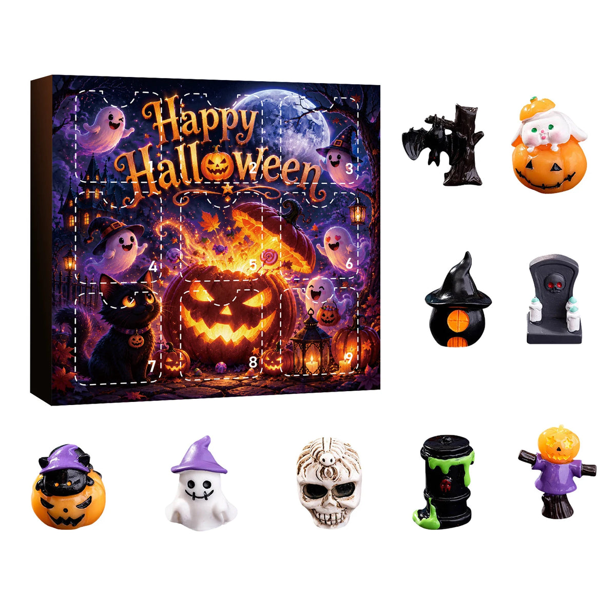 A box featuring a Halloween themed advent calendar with nine numbered spooky figures and various resin figurines.