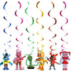 A collection of Five Nights at Freddy's characters and colorful streamers for a birthday party kit.