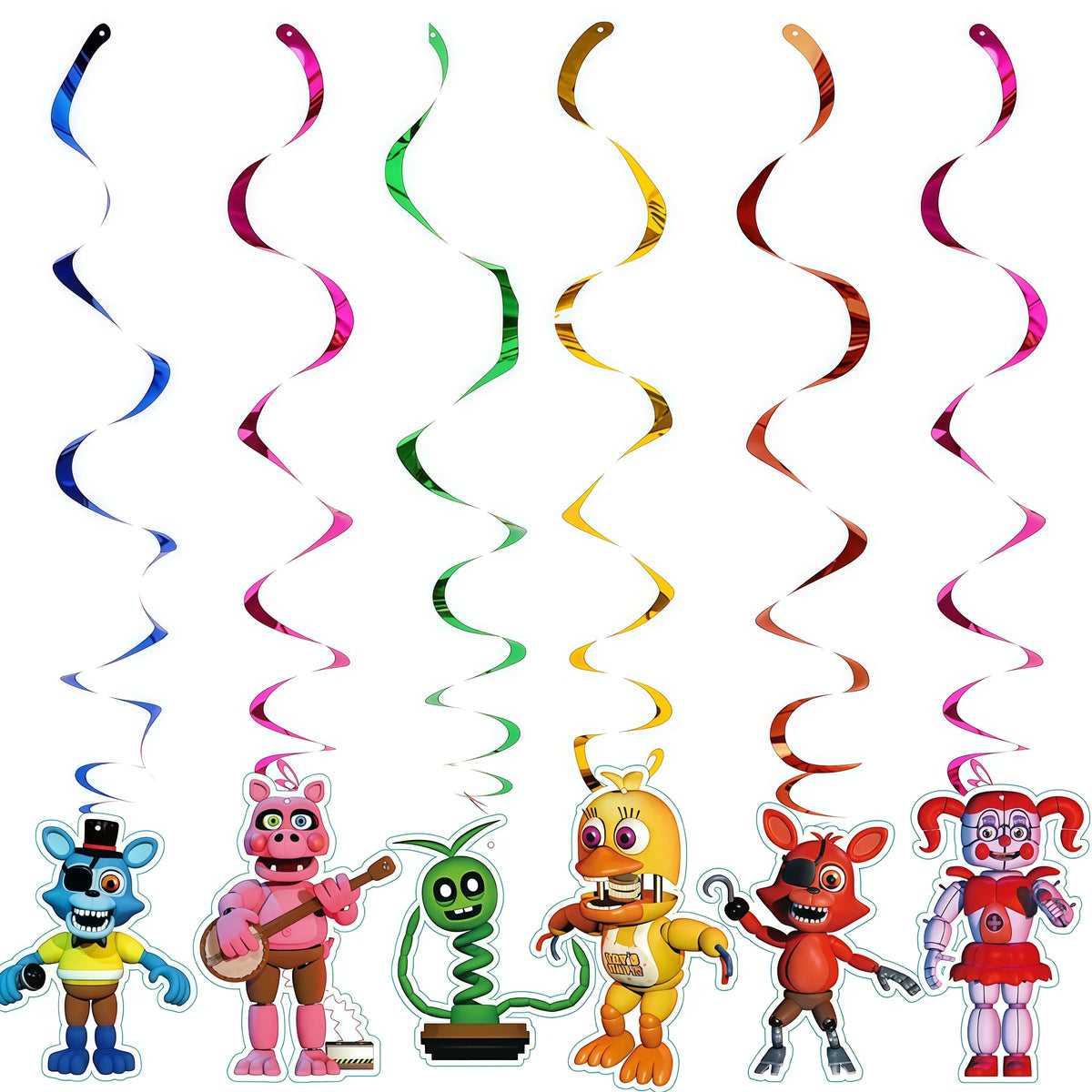 A collection of Five Nights at Freddy's characters and colorful streamers for a birthday party kit.