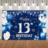 A dark blue party backdrop banner featuring silver text Happy 13th Birthday surrounded by blue and white balloons and bunting