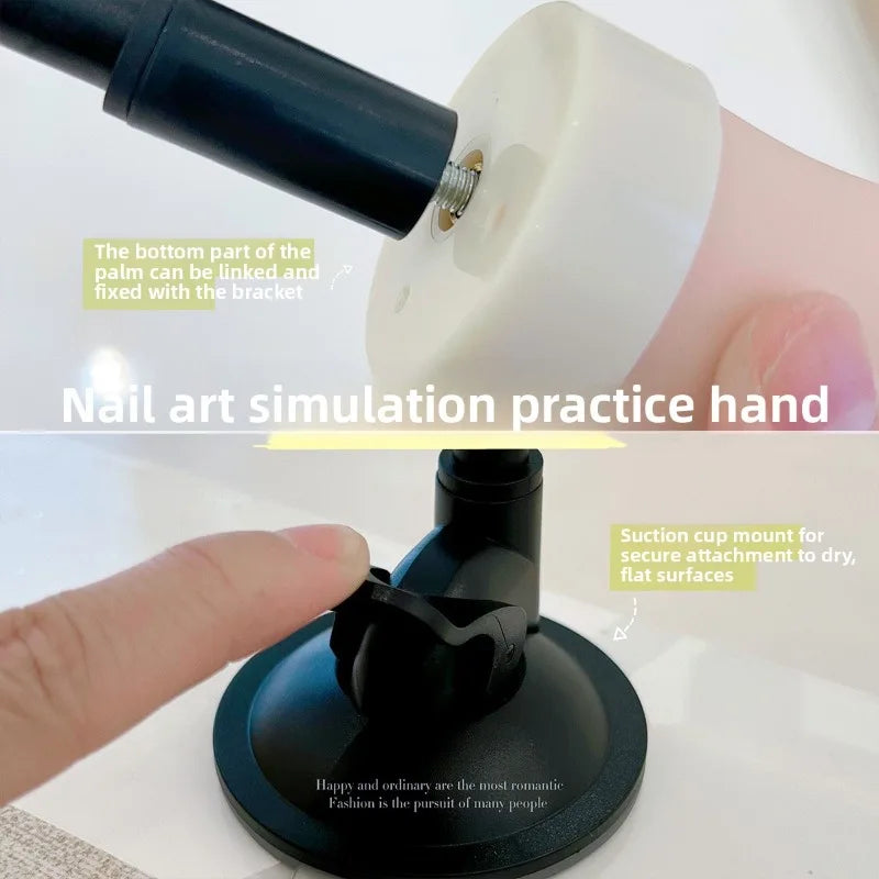 A black silicone nail practice hand is shown with a suction cup mount for secure attachment to dry surfaces.