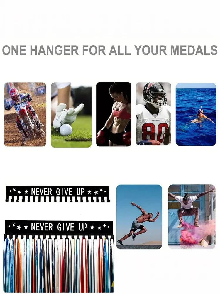 A display rack featuring various metal hangers designed for holding medals.