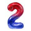 A foil balloon shaped like the number 2, featuring a red and blue spiderweb pattern.