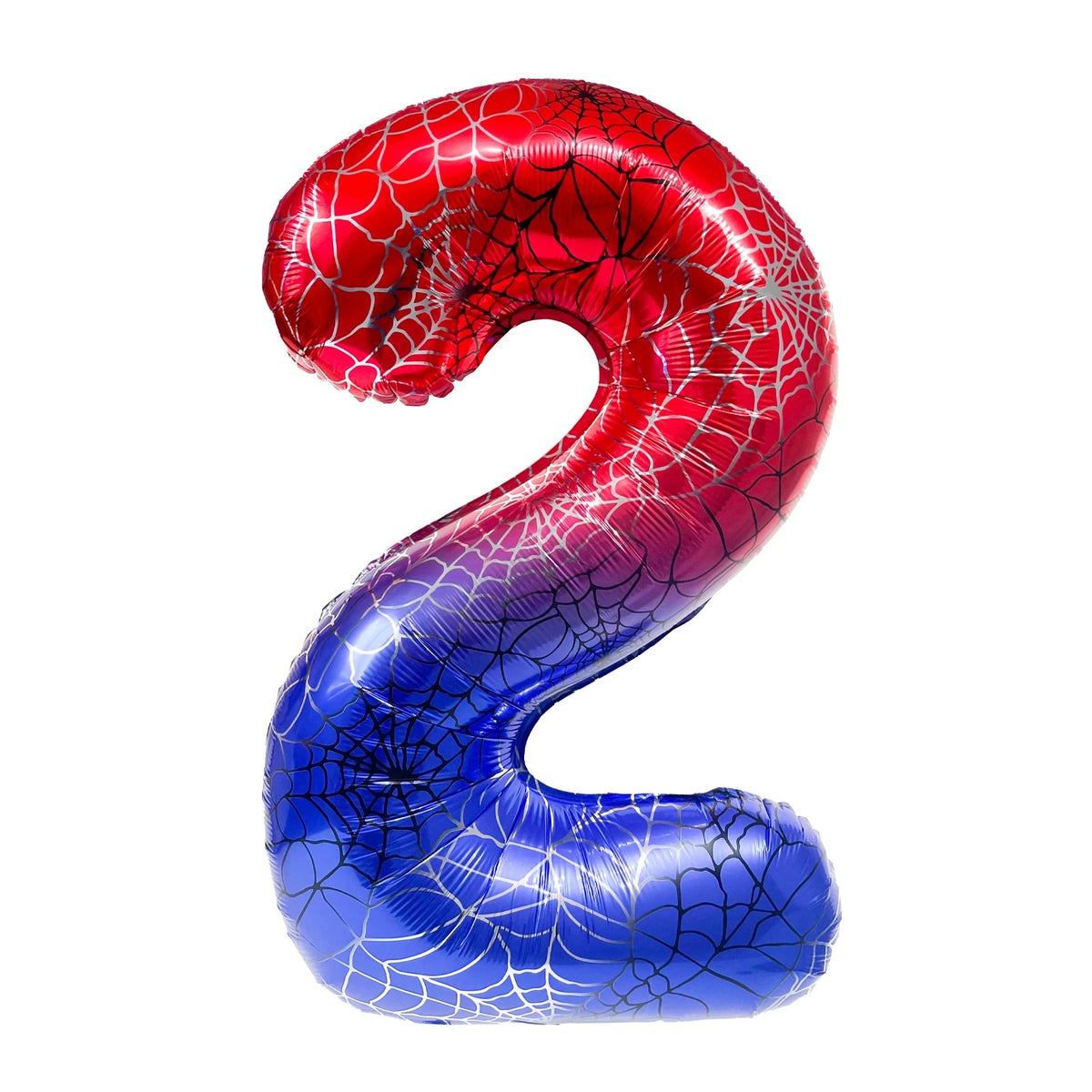 A foil balloon shaped like the number 2, featuring a red and blue spiderweb pattern.