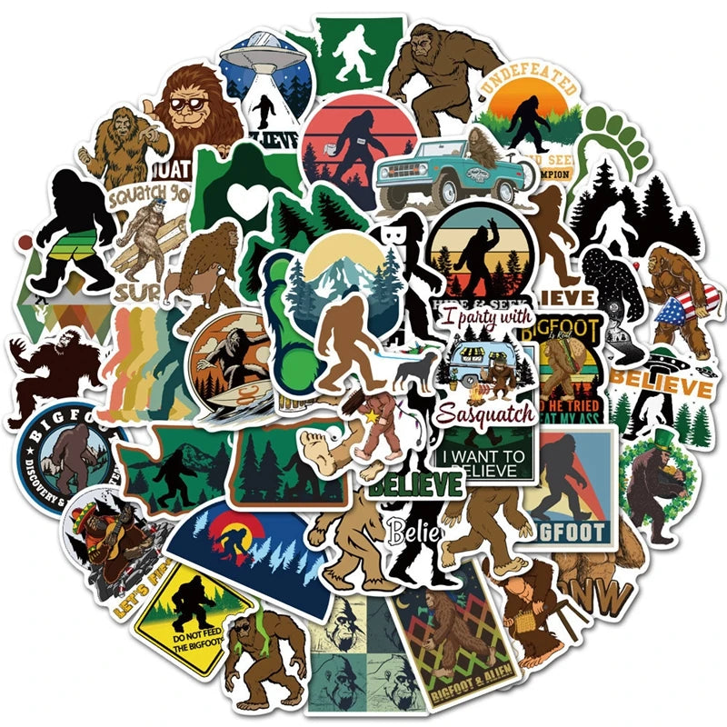 A collection of colorful vinyl stickers featuring various Bigfoot and Sasquatch characters and themes.