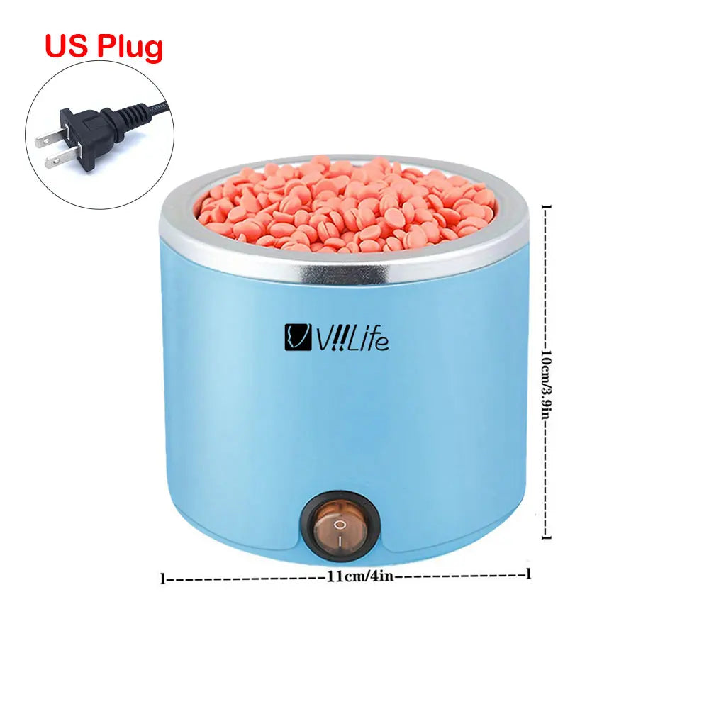 A light blue compact wax warmer for hair removal with a US plug shown next to the device.