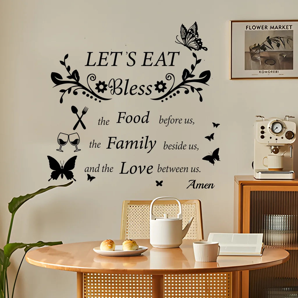 Elegant letter print wall decals featuring a blessing message for kitchen and dining rooms