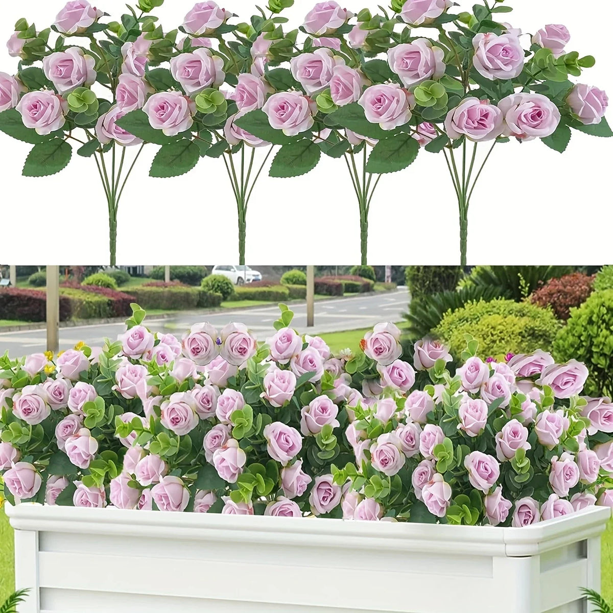 A lush arrangement of pink roses and green eucalyptus stems for wedding and home decor