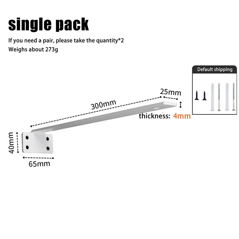 A single floating shelf bracket is shown with dimensions including length, thickness, and mounting size.