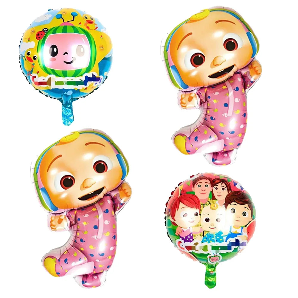 A set of three foil balloons featuring characters from Cocomelon, including a watermelon-themed balloon and two baby characte
